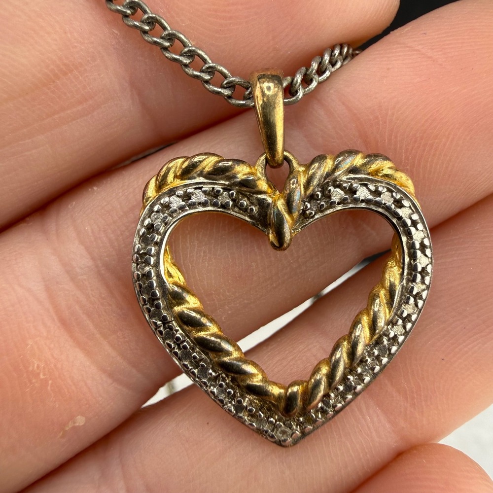 Vintage Sterling Silver Heart Necklace Two Tone Twisted Rope 925